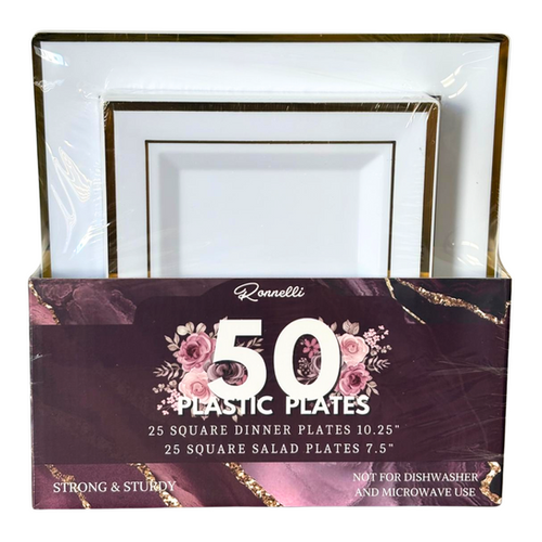 50Pcs Square 7.5in+10.5in Plastic Plates(Line Stamped Gold) - Pack of 6