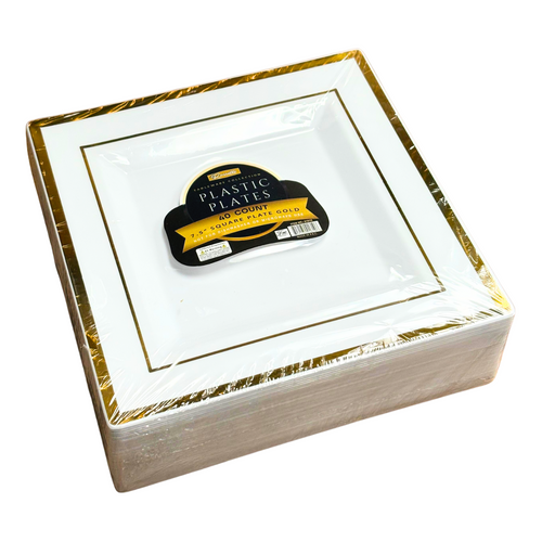 40Pcs Square Plate 7.5" White (2 Lines Stamp Gold) - Pack of 5