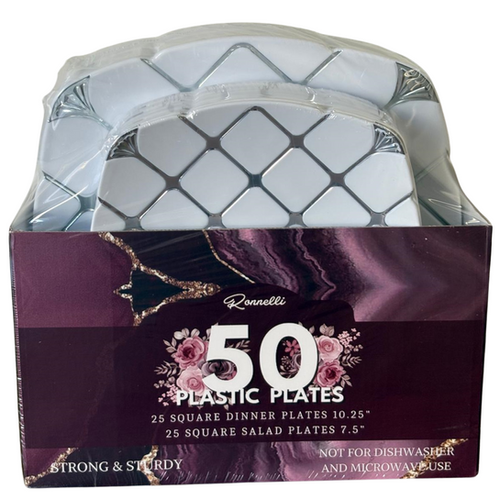 50Pcs Square 7.5in+10.5in Plastic Plates(Silver Diamond) - Pack of 4