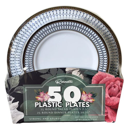 50Pcs Round 7.5in+10.5in Plastic Plates(White+Gold+Blue Line) - Pack of 6