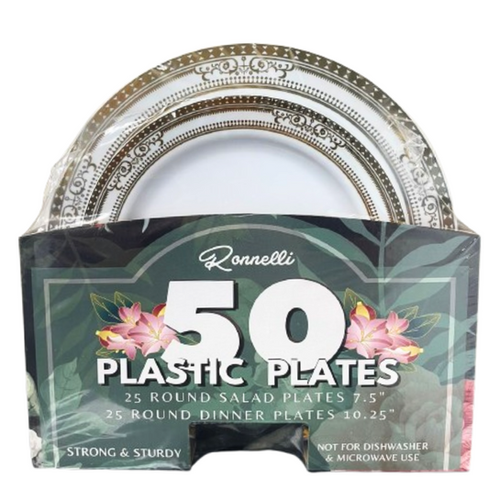 50Pcs. Round Plastic Plates (White+Gold) Grandeur - Pack of 6