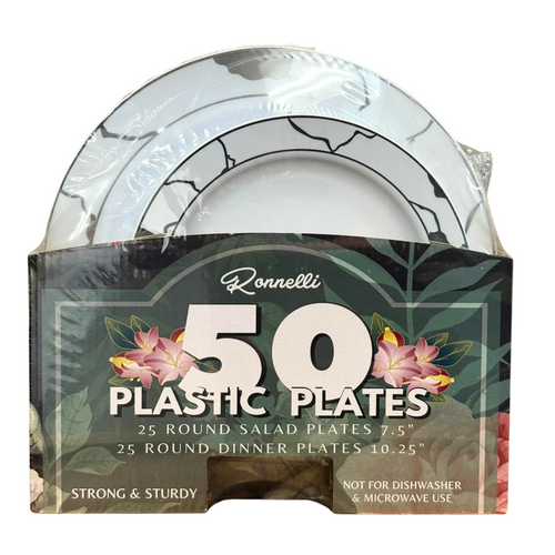 50Pcs Round Plastic Plates (White+Silver) Marble Edge - Pack of 6