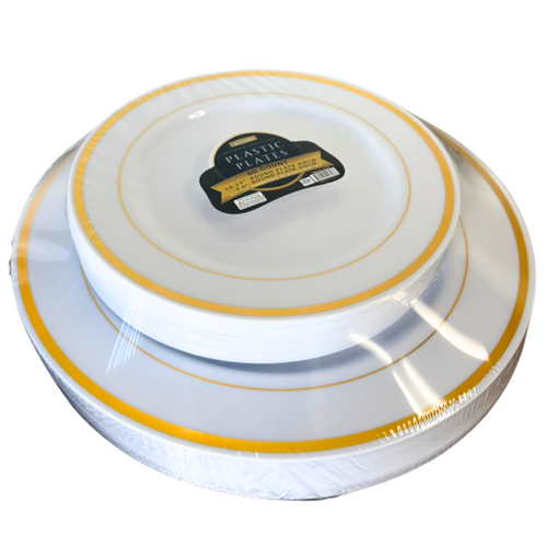 50Pcs Round 7.5in+10.5in Plastic Plates (Line Stamped Gold) - Pack of 6