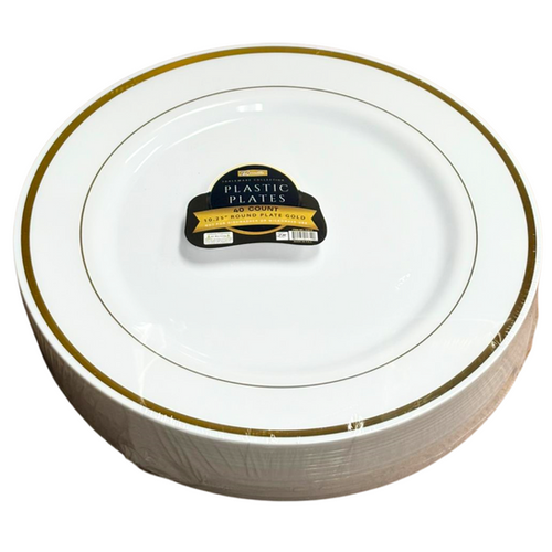 40Pcs Round Plate 10.25" White (2 Lines Stamp Gold) -  Pack of 6