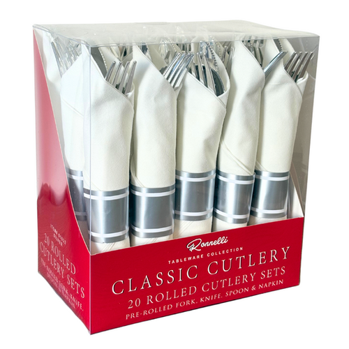 20PCS Pre-Rolled Plastic Cutlery Set (Silver) - Pack of 12