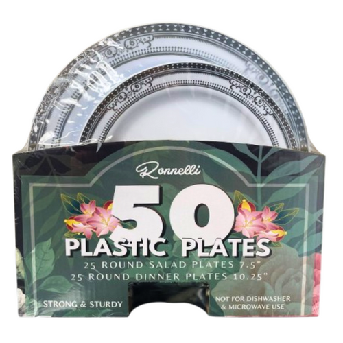 50Pcs. Round Plastic Plates (White+Silver) Grandeur - Pack of 6