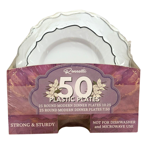 50Pcs Round Modern Trimmed Edge Plastic Plates (white+silver)) - Pack of 6