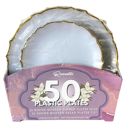 50PCS Round Modern Rim 7.5in+10.5in Plastic Plates (Gold) - Pack of 6