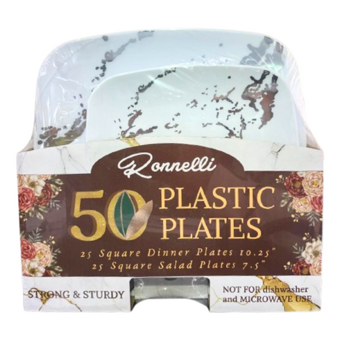 50Pc Square Plastic Plates (white+silver) Elegant Marble - Pack of 6