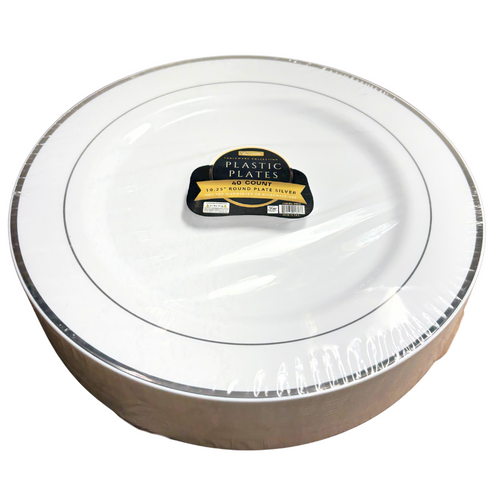40PCS ROUND Plate 10.25" White (2 Line Stamp Silver) - Pack of 6