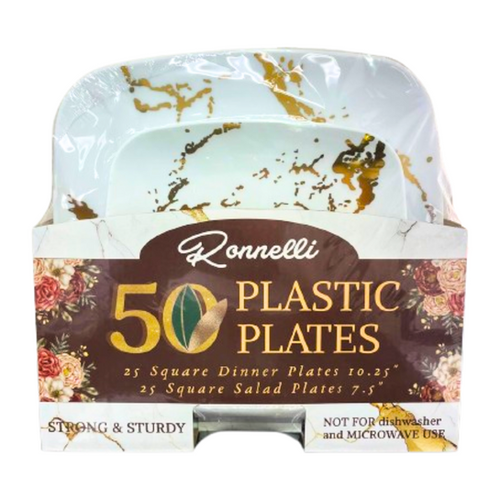 50Pc. Square Plastic Plates(white+gold) Elegant Marble - Pack of 6