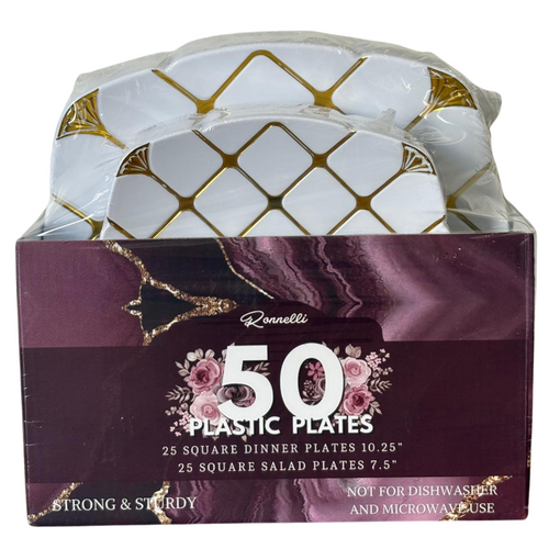 50Pcs Square 7.5in+10.5in Plastic Plates(Gold Diamond) - Pack  of 4