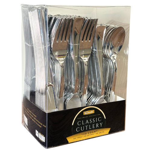 120Pcs Plastic Fork+Spoon+Knife Combo (Silver)