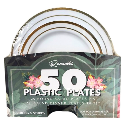 50Pcs Round Plastic Plates (White+Gold) - Pack of 6