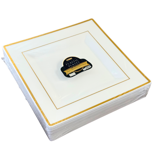 40PCS SQUARE Plate 10.25" White (2 Line Stamp Gold) - Pack of 5