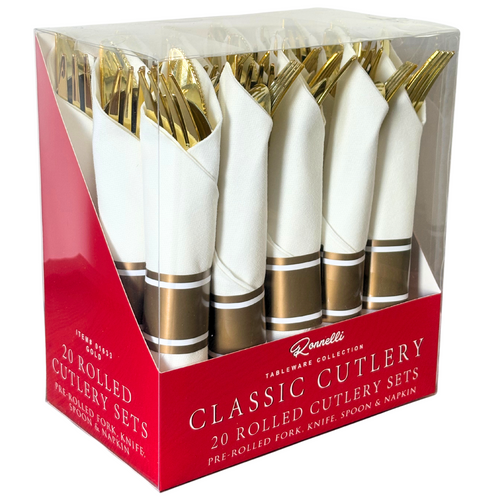 20PCS Pre-Rolled Plastic Cutlery Set (Gold) - Pack of 12