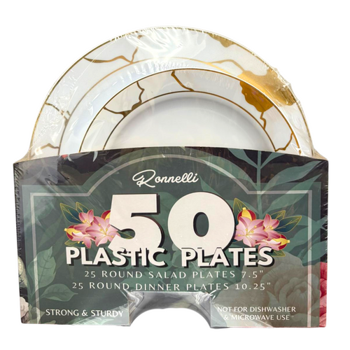 50Pcs.Round Plastic Plates (White+Gold) Marble Edge - Pack of 6