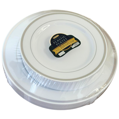 50Pcs Round 7.5in+10.5in Plastic Plates (Line Stamped Silver) - Pack of 6