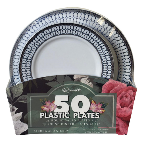 50Pcs Round 7.5in+10.5in Plastic Plates(White+Silver+Blue)