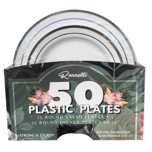 50Pcs Round Plastic Plates (White+Silver) - Pack of 6