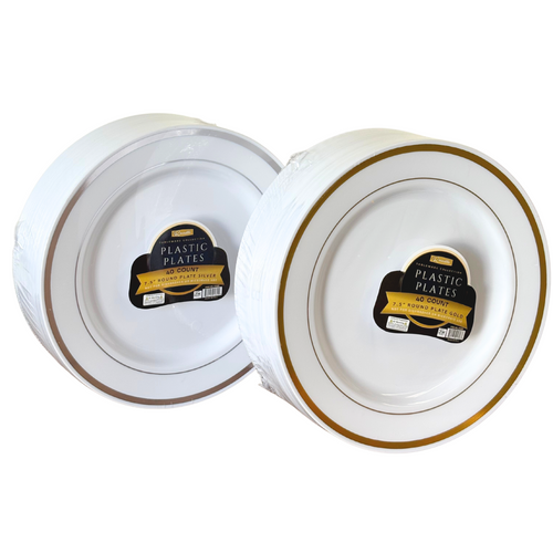40Pcs Round Plate 7.5" White (2 Lines Stamp Gold) - Pack of 6