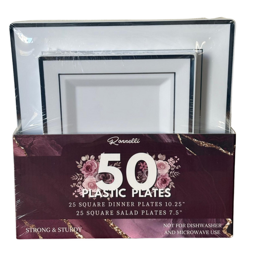 50Pcs Square 7.5in+10.5in Plastic Plates(Line Stamped Silver) - pack of 6