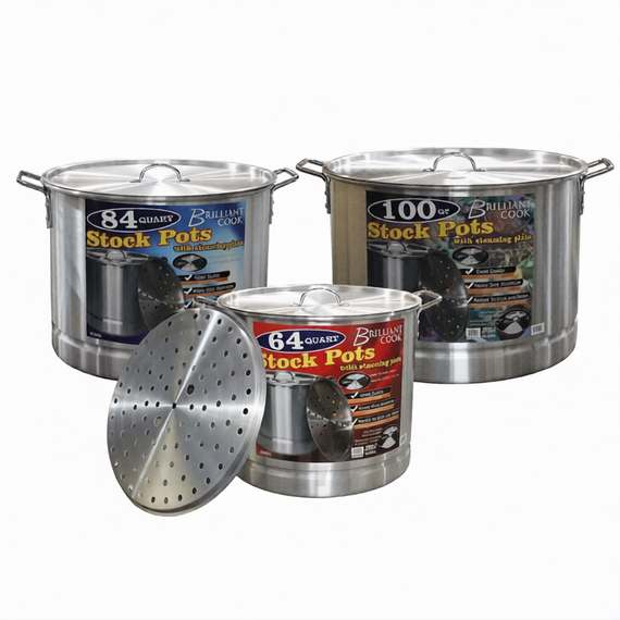 Brilliant Cook 3 Pc. Aluminum Stock Pot w/ Steamer (64, 84, 100Qts)